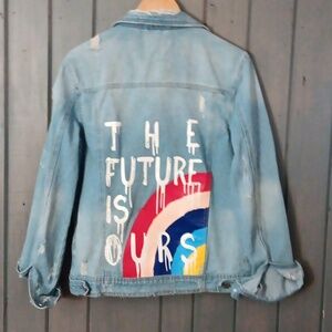 GB Distressed Light Wash Jean Jacket Graffiti